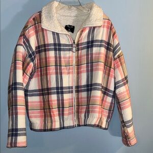Love + Joy pink blue white Plaid Zip-Up Jacket with Sherpa Collar size 1x